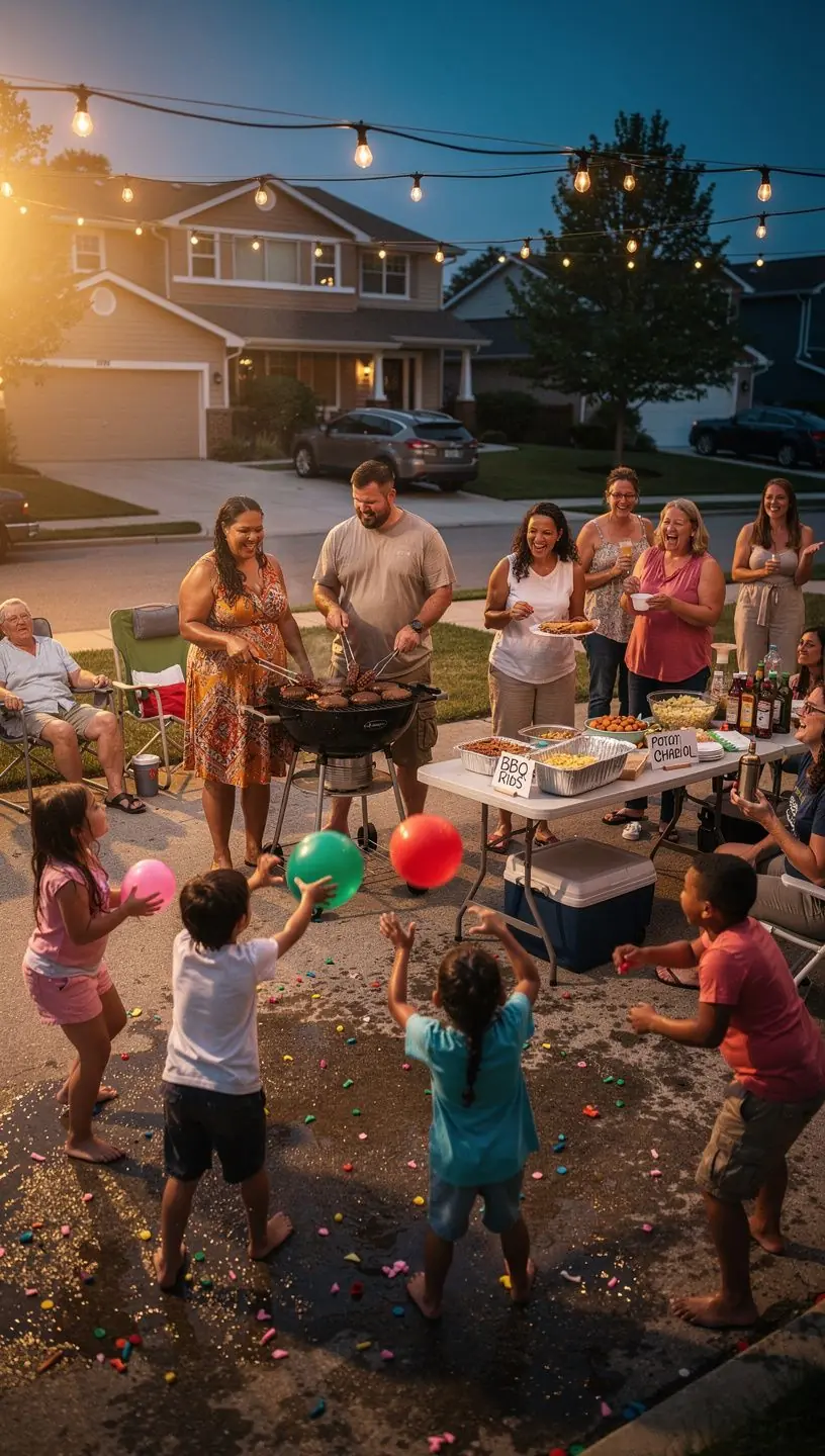 Neighborhood potluck gathering with diverse food dishes